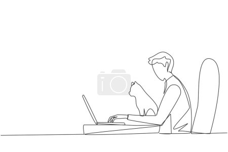Ilustración de Dibujo continuo de una línea del joven hombre enérgico sentado mientras escribe en el ordenador portátil. Abrazar a un gato mientras haces la tarea. Hombre feliz acariciando gato. Ilustración vectorial de diseño de línea única - Imagen libre de derechos