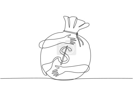 Illustration for Single continuous line drawing of hands hugging big money bag. Successful entrepreneurs take advantage of existing opportunities to collect a lot of money. Wealth concept. One line vector illustration - Royalty Free Image