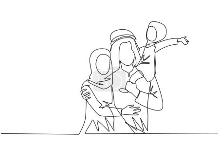 Illustration for Continuous one line drawing of young beauty Arabian woman hug her handsome husband who is holding their pretty daughter. Smiling couple with child. Happy family concept. Single line draw design vector - Royalty Free Image