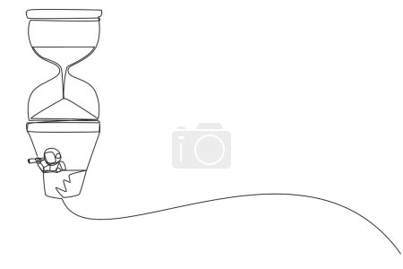 Ilustración de Continuo dibujo de una línea joven astronauta enérgico utilizando monocular, volando con reloj de arena globo de aire caliente. Destacar a la nave espacial. Espacio cósmico profundo. Ilustración vectorial de diseño de línea única - Imagen libre de derechos