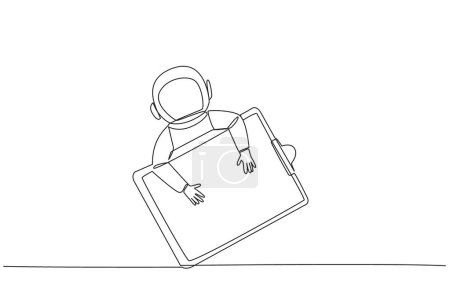 Illustration for Single continuous line drawing young energetic astronaut hugging clipboard. Keep records of what has been done during the expedition. And do a check. Galaxy cosmic. One line design vector illustration - Royalty Free Image