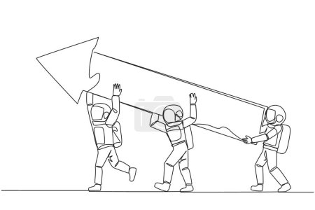 Illustration for Single one line drawing three astronauts raised the big arrow together. With teamwork making graphics can improve.  Deep space astronaut concept. Cosmonaut. Continuous line design graphic illustration - Royalty Free Image
