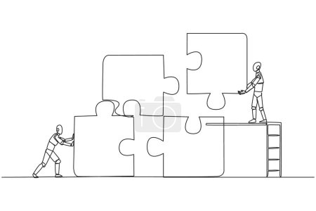 Téléchargez les illustrations : Une seule ligne continue dessinant deux robots travail d'équipe pour mettre en place un puzzle carré, l'un d'eux grimpe échelle tenant une pièce du puzzle. Technologie du futur. Illustration vectorielle à une ligne - en licence libre de droit