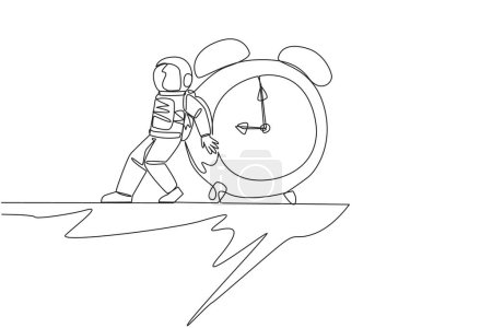 Illustration for Single continuous line drawing astronaut pushed a giant alarm clock down with his back from the edge of the cliff. Tough man in outer space. Cosmonaut deep space. One line design vector illustration - Royalty Free Image