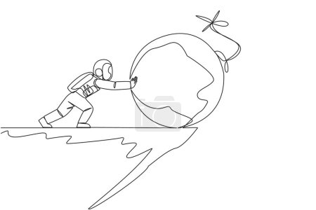 Ilustración de Una sola línea que dibuja al astronauta empuja una bomba grande con un fusible ardiente sobre el borde de un acantilado. Elimina el peligro hasta que caiga sobre el borde del abismo. Ilustración gráfica de diseño de línea continua - Imagen libre de derechos