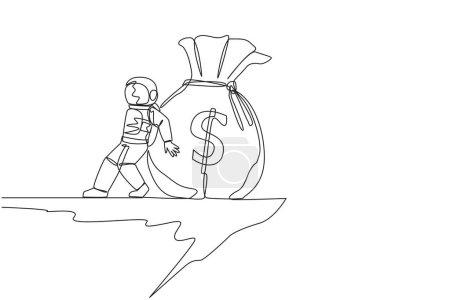 Illustration for Continuous one line drawing astronaut pushed giant money bag down with his back from the edge of the cliff. Wasting money. Cosmic galaxy space concept. Single line draw design vector illustration - Royalty Free Image