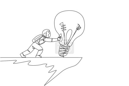 Illustration for Single continuous line drawing astronaut pushes a large lightbulb over the edge of a cliff. Dropping brilliant ideas fell into a steep abyss. Spontaneity. Spaceman. One line design vector illustration - Royalty Free Image