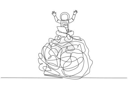 Illustration for Single continuous line drawing young astronaut sitting on giant tangled circle holding laptop raise both hands. Sign of giving up. Homesick. Cosmonaut deep space. One line design vector illustration - Royalty Free Image