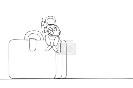 Ilustración de Una sola línea continua dibujando a un joven astronauta enérgico sentado en un maletín gigante sosteniendo un portátil levantar una mano. La primera expedición a la superficie de Marte. Ilustración vectorial de diseño de una línea - Imagen libre de derechos