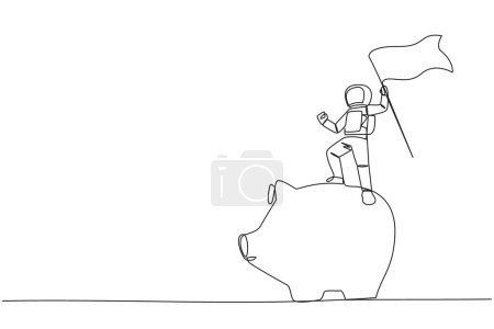 Ilustración de Una sola línea dibujando a un joven astronauta enérgico parado en una alcancía gigante sosteniendo una bandera ondeante. Ahorra en una alcancía para el próximo viaje espacial. Ilustración gráfica de diseño de línea continua - Imagen libre de derechos