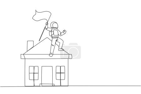 Illustration for Continuous one line drawing young energetic astronaut standing on miniature house holding fluttering flag. Martians finish building house on the red planet. Single line draw design vector illustration - Royalty Free Image