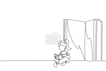 Illustration for Single continuous line drawing happy girl sitting in front of a big open book reading a book. Serious and focus learning increases insight. Book festival concept. One line design vector illustration - Royalty Free Image