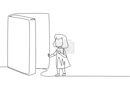 Illustration for Single continuous line drawing girl opened the book-shaped door. Books can open mind and see everywhere. Increase knowledge about the wider world. Book festival. One line design vector illustration - Royalty Free Image