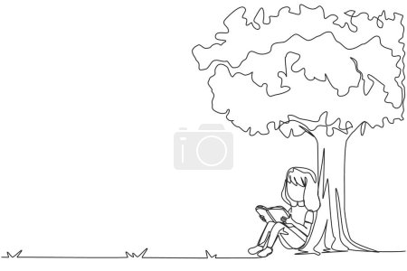 Illustration for Single one line drawing girl sitting reading a book under shady tree. Continuing the second volume of the fiction story book. Enjoy reading. Book festival. Continuous line design graphic illustration - Royalty Free Image