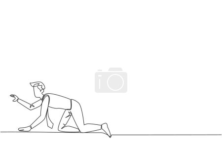 Illustration for Single one line drawing crawling young businessman. Trying to get up after being attacked by a pandemic. Starting from crawling, walking, then running fast. Continuous line design graphic illustration - Royalty Free Image