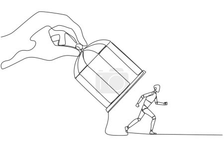 Illustration for Continuous one line drawing big hand holding iron cage, catch robot. Want to trap in any way. Enter the trap. Unfair business competition. Lost. AI tech. Single line draw design vector illustration - Royalty Free Image