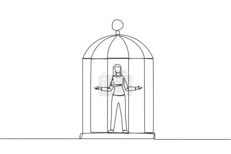 Una línea continua dibujando a una mujer de negocios atrapada en una jaula de pie con los brazos abiertos. Ríndete a la situación. Obligado a permanecer en una jaula. Los negocios no están creciendo. Ilustración vectorial de diseño de una línea