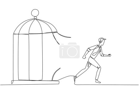 Illustration for Continuous one line drawing businessman trapped in the cage running through the cage. Metaphor penetrates the maximum limit of self. Desire to succeed. Single line draw design vector illustration - Royalty Free Image