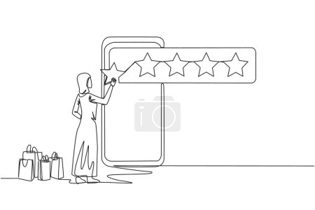 Illustration for Continuous one line drawing Arabian woman standing facing big smartphone trying to stick one star, that it becomes 5 stars. Reviews given to online stores. Single line draw design vector illustration - Royalty Free Image