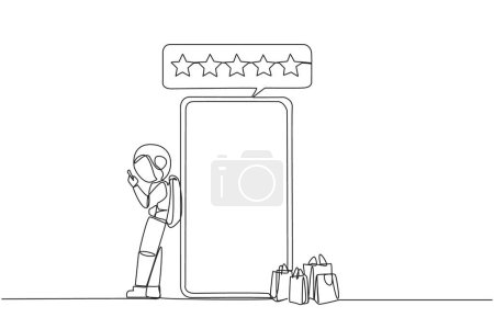 Illustration for Single one line drawing young happy astronaut leaning on giant smartphone while typing on smartphone. Concept of online shop. Review five gold star. Cosmic. Continuous line design graphic illustration - Royalty Free Image