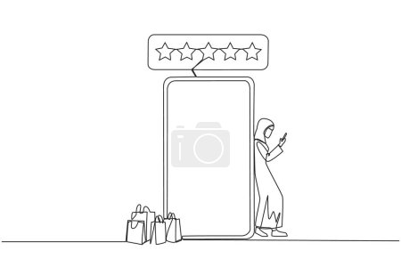 Illustration for Continuous one line drawing young happy Arabian woman leaning on giant smartphone while typing on smartphone. Concept of online shop. Review five gold star. Single line draw design vector illustration - Royalty Free Image