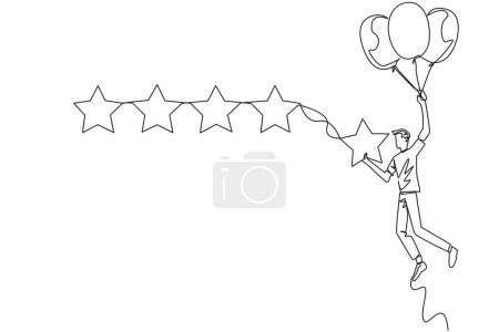 Ilustración de Una sola línea que dibuja al joven feliz volando en un globo lleva 1 estrella y quiere alinearla con las otras 4 estrellas. Tratando de dar una calificación perfecta. Ilustración gráfica de diseño de línea continua - Imagen libre de derechos
