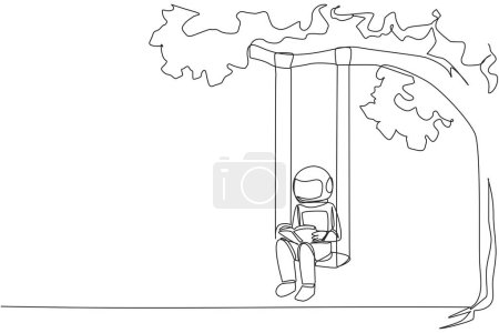 Téléchargez les illustrations : Une seule ligne dessinant astronaute assis sur une balançoire attachée à un arbre ombragé lisant un livre. Vraiment apprécié l'histoire du livre de fiction. C'est relaxant. Illustration graphique en ligne continue - en licence libre de droit