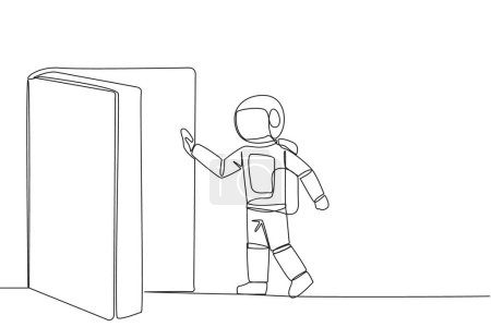 Téléchargez les illustrations : Une seule ligne dessinant astronaute ouvrir la porte en forme de livre. Livre peut ouvrir l'esprit et voir partout. Mieux connaître le monde en général. Festival du livre. Illustration graphique en ligne continue - en licence libre de droit