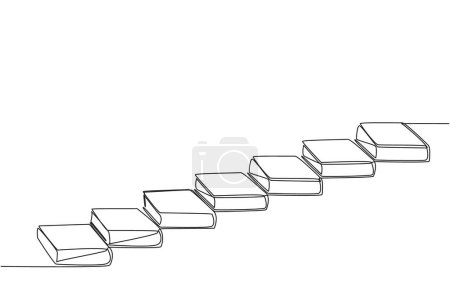 Téléchargez les illustrations : Une seule ligne de dessin empilent des livres qui agissent comme des escaliers. La métaphore d'un livre peut élever le niveau de la personne qui le lit. Festival du livre espace extérieur. Illustration graphique en ligne continue - en licence libre de droit