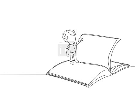 Illustration for Single one line drawing boy standing over open ledger turning the pages. Read slowly to understand the contents of each page. Reading increases insight. Continuous line design graphic illustration - Royalty Free Image