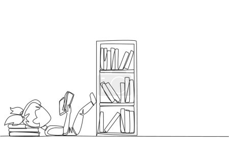 Ilustración de Una sola línea dibujando chica acostada en la espalda leyendo libro de cuentos de ficción cerca de librería. Lee lentamente para disfrutar de la historia. Lectura del hobby. Muy buen hábito. Ilustración gráfica de diseño de línea continua - Imagen libre de derechos