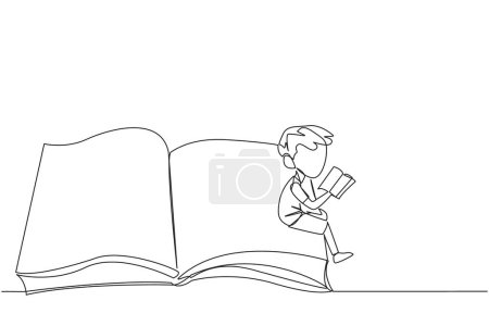 Illustration for Single one line drawing serious boy sitting on the edge of a large open book. Study before exam time arrives. Read textbooks with focus. Reading is fun. Continuous line design graphic illustration - Royalty Free Image