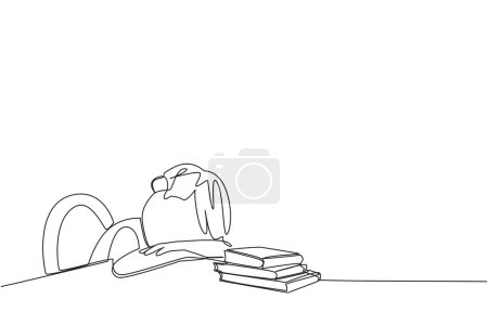 Illustration for Single continuous line drawing boy asleep at the table where there were piles of books. Tired after successfully finishing the favorite reading book. Love read. One line design vector illustration - Royalty Free Image