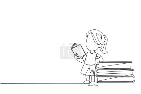 Ilustración de Dibujo continuo de una línea chica de pie leyendo un libro mientras se apoya en una pila de libros grandes. Hobby de leer en cualquier lugar. Muy feliz al leer. Ilustración vectorial de diseño de línea única - Imagen libre de derechos