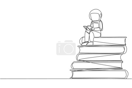 Téléchargez les illustrations : Une seule ligne dessinant astronaute assis sur une pile de livres de lecture livre. Grand intérêt pour la lecture. Ouvrir l'horizon de la pensée. Concept de festival du livre spatial. Illustration graphique en ligne continue - en licence libre de droit