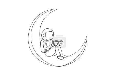 Téléchargez les illustrations : Un seul trait dessinant astronaute assis sur le croissant de lune livre de lecture. Lire l'histoire avant de se coucher. Passionné de lecture dans n'importe quelle condition. Festival du livre. Illustration graphique en ligne continue - en licence libre de droit