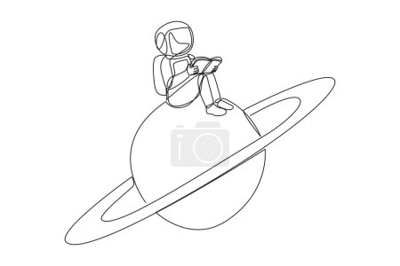 Téléchargez les illustrations : Un seul trait dessinant un astronaute assis sur la planète Saturne. Découvrez les conditions naturelles des planètes de l'espace. Adaptation. Concept de festival du livre. Illustration graphique en ligne continue - en licence libre de droit