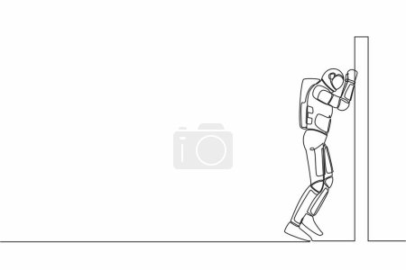 Illustration for Continuous one line drawing of astronaut depressed with wailing on the wall, crying sad lost opportunity in spacecraft expedition. Cosmonaut outer space. Single line graphic design vector illustration - Royalty Free Image