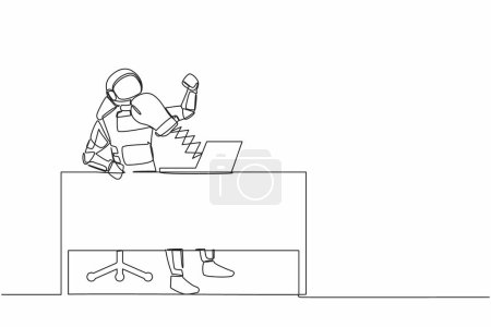 Ilustración de Una sola línea continua dibujando astronauta siendo golpeado por guantes de boxeo de computadora portátil en el escritorio de trabajo. Concepto de ciberacoso. Espacio profundo cosmonauta. ilustración vectorial de diseño gráfico de una línea - Imagen libre de derechos