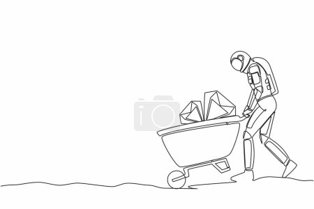 Illustration for Single one line drawing astronaut pushing cart full of diamonds in moon surface. Wheelbarrow with gold, jewelry, precious stone. Cosmic galaxy space. Continuous line graphic design vector illustration - Royalty Free Image
