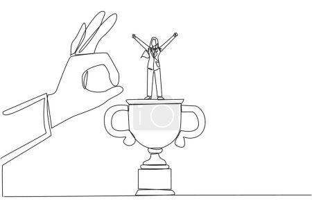 Ilustración de Una línea continua dibujando a una mujer de negocios de pie sobre un gran trofeo. Celebrando el éxito del negocio. Tengo oponentes fraudulentos a los negocios. Caer indefenso. Ilustración vectorial de diseño de una línea - Imagen libre de derechos
