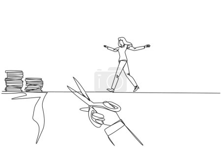 Ilustración de Una línea continua dibujando a una mujer de negocios caminando por la cuerda floja de un acantilado a otro. No se movió a un lugar mucho mejor. Engañado por un amigo de negocios. Ilustración vectorial de diseño de línea única - Imagen libre de derechos