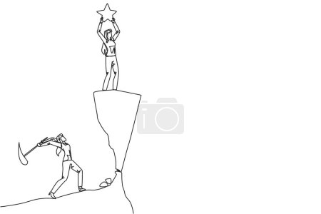 Ilustración de Una sola línea continua dibujando a una mujer de negocios de pie sobre un acantilado levantando una estrella. Un amigo envidioso, devorando el éxito desde dentro para caer. El traidor. Ilustración vectorial de diseño de una línea - Imagen libre de derechos