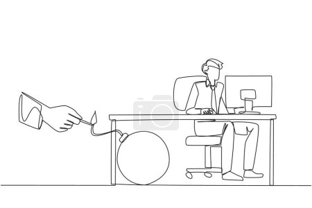 Ilustración de Una sola línea continua dibujando a un hombre de negocios escribiendo en un escritorio de computadora. Atrapado por un socio de negocios. Una bomba que podría explotar en cualquier momento. Traicionado por un colega. Ilustración vectorial de diseño de una línea - Imagen libre de derechos