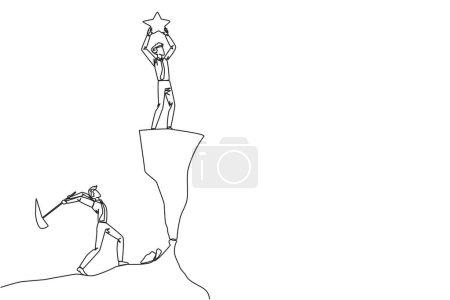 Ilustración de Una sola línea dibujando a un hombre de negocios parado en un acantilado levantando una estrella. Un amigo envidioso, devorando el éxito desde dentro para caer. El traidor. Ilustración gráfica de diseño de línea continua - Imagen libre de derechos