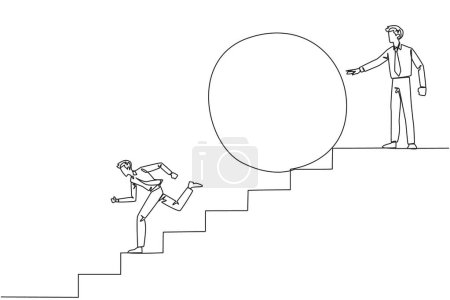 Ilustración de Una sola línea dibujando a un hombre de negocios corriendo escaleras abajo evitando una gran bola. Atacado por amigos de negocios. Traidor en los negocios. Engañar en los negocios. Traicionar. Ilustración gráfica de diseño de línea continua - Imagen libre de derechos