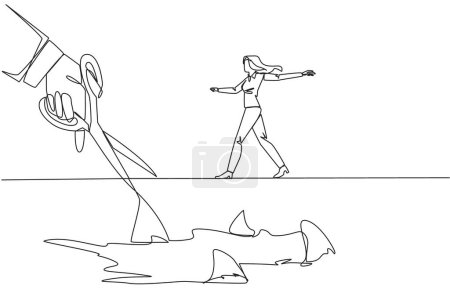 Ilustración de Una sola línea dibujando a una mujer de negocios caminando por la cuerda floja. Una metáfora que persigue una carrera. Arruinado por el traidor. Un amigo falso. Negocios saboteados. Ilustración gráfica de diseño de línea continua - Imagen libre de derechos
