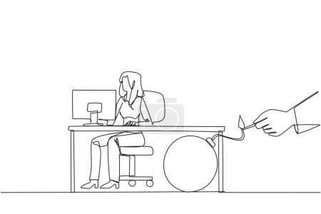 Ilustración de Una sola línea dibujando mujer de negocios escribiendo en el escritorio de la computadora. Atrapado por un socio de negocios. Una bomba que podría explotar en cualquier momento. Traicionado por un colega. Ilustración gráfica de diseño de línea continua - Imagen libre de derechos