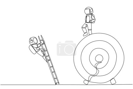 Ilustración de Una sola línea de dibujo astronauta patea colega que está subiendo el tablero de flecha objetivo con una escalera. La metáfora de deshacerse de los destructores de negocios. Ilustración gráfica de diseño de línea continua - Imagen libre de derechos