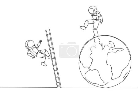 Téléchargez les illustrations : Une ligne continue dessinant astronaute donne un coup de pied adversaire qui escalade le globe avec une échelle. J'ai échoué à être au sommet du monde. Déposé par un ami d'affaires. Illustration vectorielle de dessin à ligne unique - en licence libre de droit